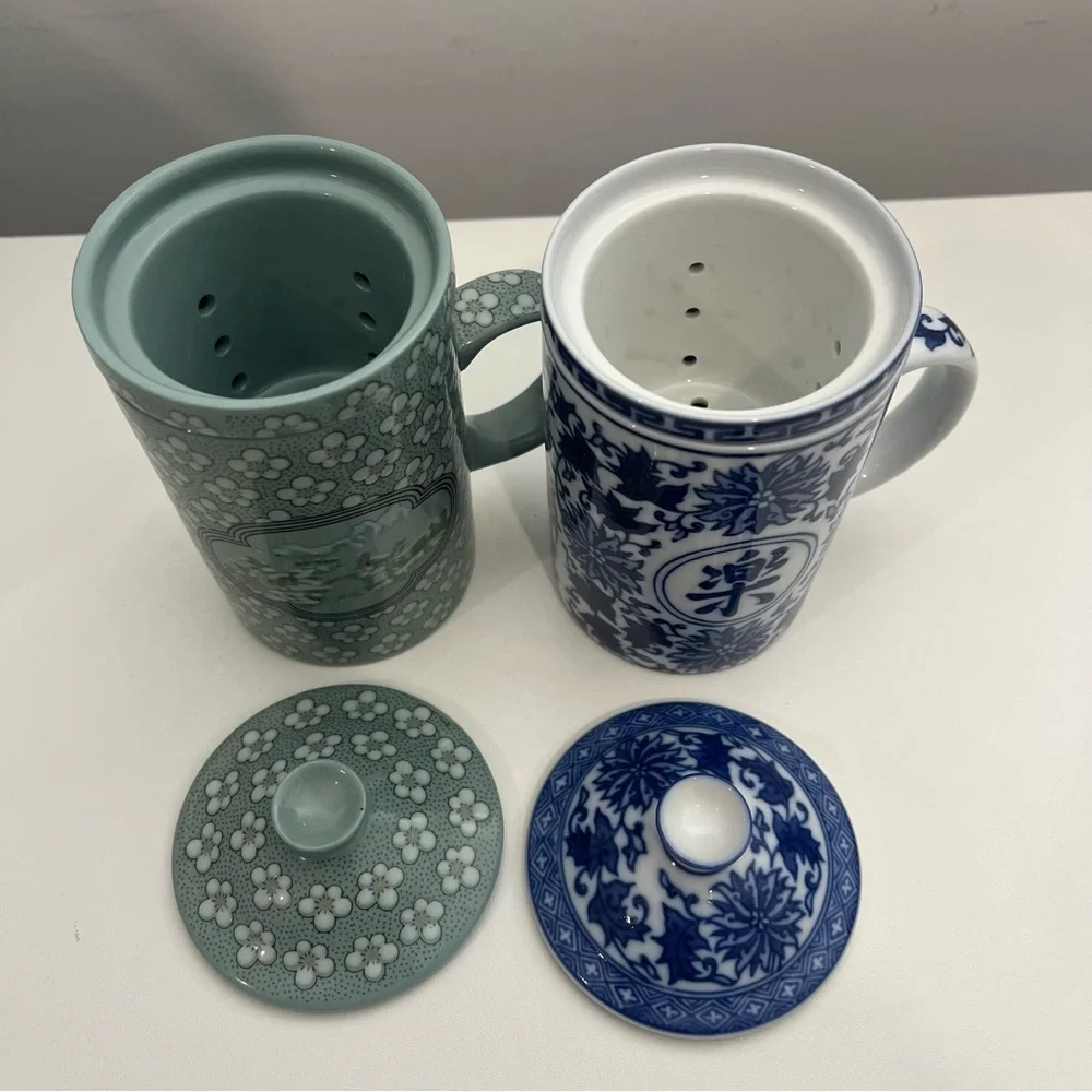 Pier 1 Imports Porcelain Tea Mugs Set Chinese Art Floral Blue Green with Lids